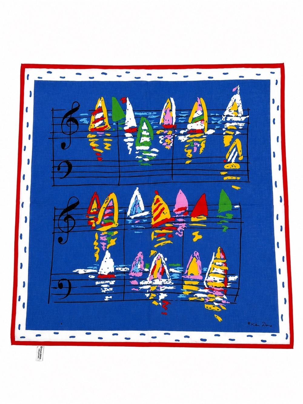 Ken Done Cotton Sailboat Music Notes Art Scarf Colorful Vintage Japan Coastal